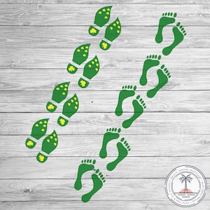 May include: Green footprints with yellow shamrocks on a white wood background. The footprints are arranged in a circle, with the shamrocks facing inwards. The image is a design for a digital download.