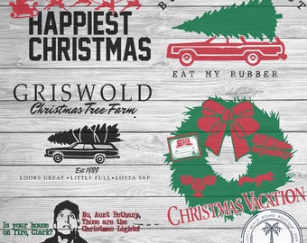 May include: A digital illustration of a Christmas Vacation themed design. The design features a red station wagon with a Christmas tree on top, a wreath with a bow, and a quote from the movie "Eat my rubber". The design also includes the text "Hap Hap Happiest Christmas" and "Griswold Christmas Tree Farm".