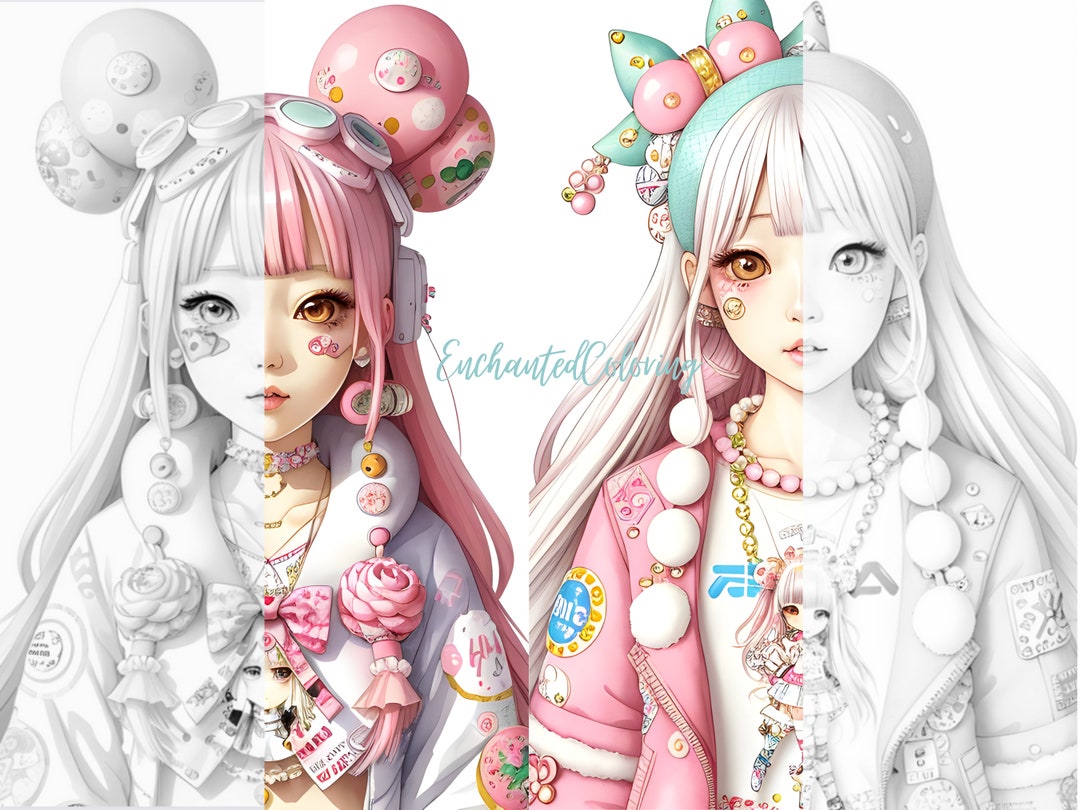 3 Harajuku Decora Kei Kawaii Asians Girls Coloring Pages Etsy