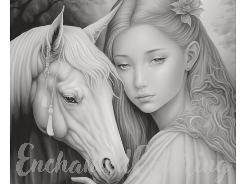 A Girl and Her Horse Coloring Page Printable Adult - Etsy