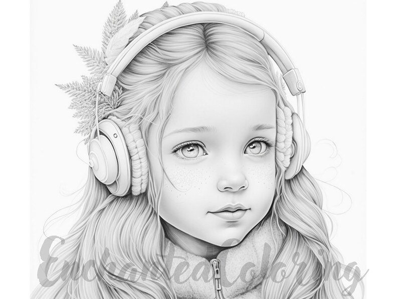 Delicate Girl With Earmuffs Coloring Page Printable Adult Etsy