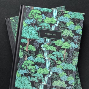 Puede incluir: Dos cuadernos negros con un patrón de cascada y árboles verde y azul. La portada del cuaderno superior tiene la palabra "NOTEBOOK" impresa en blanco.