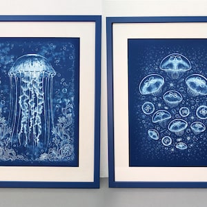 Jellyfish Cyanotype Prints - Original, Handmade Framed Art Prints - Moon Jellyfish and Purple-striped Jelly