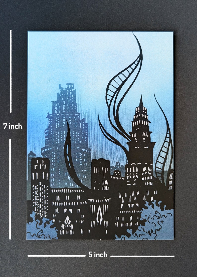 May include: A black and white illustration of a city skyline with tall buildings and a blue sky. The buildings are silhouetted against the sky, and there are some trees in the foreground.