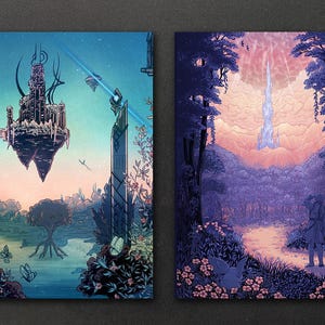May include: Two fantasy landscape illustrations. The left image shows a floating island with a dark castle and a tall, thin tower in the background. The right image shows a tall, thin tower in the distance with a purple sky and a person standing in the foreground.