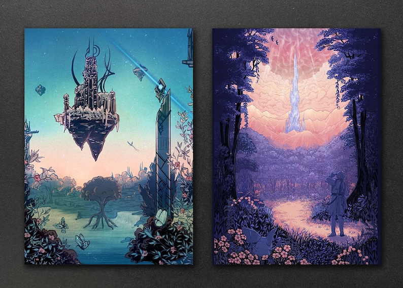 May include: Two fantasy landscape illustrations. The left image shows a floating island with a dark castle and a tall, thin tower in the background. The right image shows a tall, thin tower in the distance with a purple sky and a person standing in the foreground.