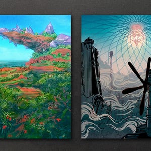 May include: Two digital illustrations. The first depicts a floating island with a rocky, layered surface and lush green vegetation. The second shows a futuristic cityscape with a large, black, industrial structure and a windmill in the foreground.