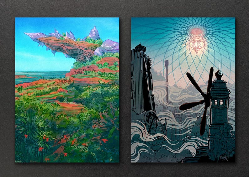 May include: Two digital illustrations. The first depicts a floating island with a rocky, layered surface and lush green vegetation. The second shows a futuristic cityscape with a large, black, industrial structure and a windmill in the foreground.