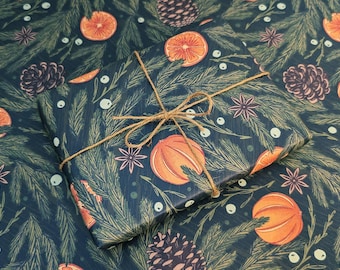 Recycled Christmas Wrapping Paper & Gift Tags - Festive Fruits - Botanical Pattern - Eco-friendly Luxury Gift Wrap