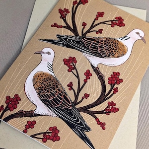 Deux tourterelles - Carte de Noël illustrée d'animaux sauvages - Matériaux écologiques et durables