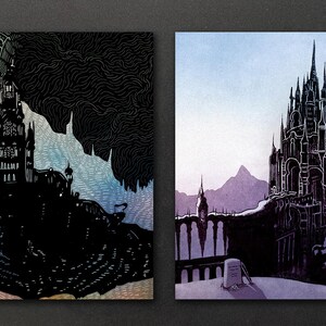 May include: Two illustrations of a dark, gothic castle. The first image shows the castle in silhouette against a blue and white background. The second image shows the castle in detail against a purple and blue background.