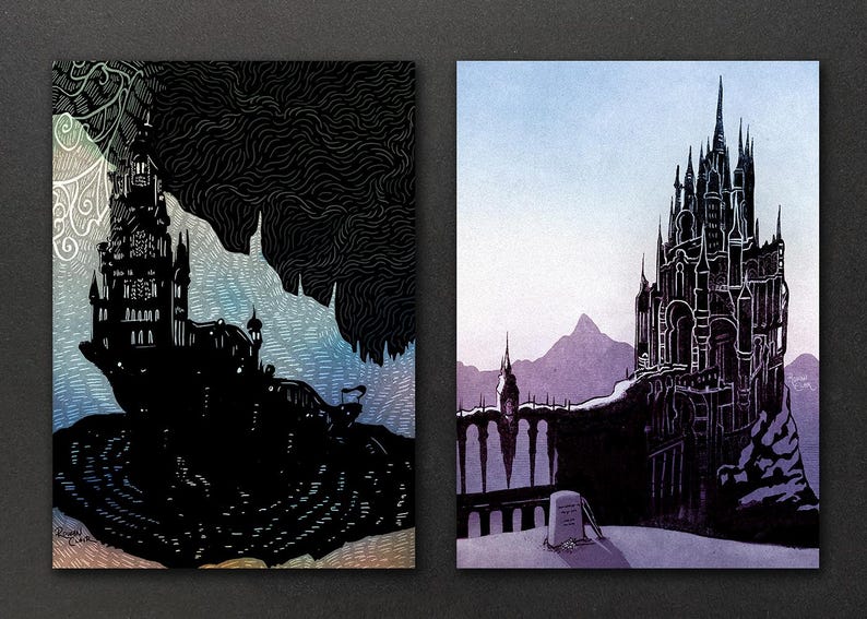 May include: Two illustrations of a dark, gothic castle. The first image shows the castle in silhouette against a blue and white background. The second image shows the castle in detail against a purple and blue background.