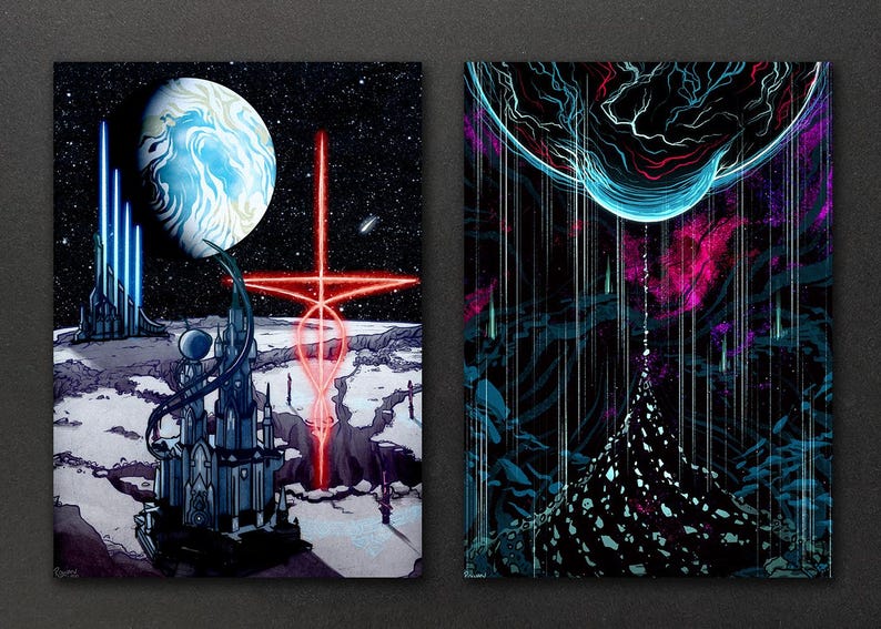 May include: Two digital art prints with a space theme. The first print features a blue and white planet with a red glowing cross in the foreground. The second print features a blue and black planet with a dark, rocky surface in the foreground.