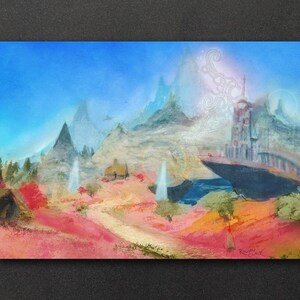 May include: A digital painting depicting a fantastical landscape with a large, white building in the distance. The landscape is filled with mountains, trees, and a river. The sky is blue and the clouds are white. The painting is in a style reminiscent of a dream.