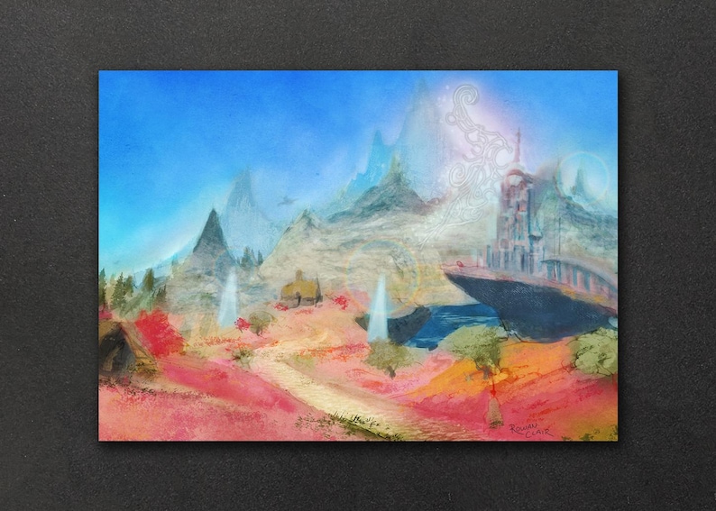 May include: A digital painting depicting a fantastical landscape with a large, white building in the distance. The landscape is filled with mountains, trees, and a river. The sky is blue and the clouds are white. The painting is in a style reminiscent of a dream.