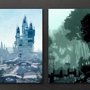 May include: A split image showing two different scenes. The left side shows a detailed illustration of a large, grey stone castle with a blue sky and clouds in the background. The right side shows a dark green forest with a large tree in the foreground and a stone structure in the background.
