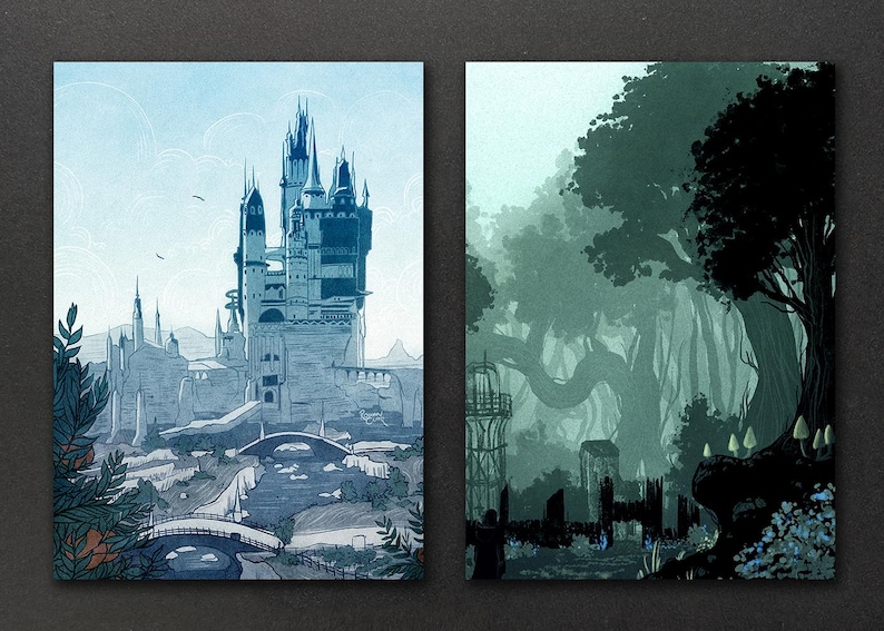 May include: A split image showing two different scenes. The left side shows a detailed illustration of a large, grey stone castle with a blue sky and clouds in the background. The right side shows a dark green forest with a large tree in the foreground and a stone structure in the background.