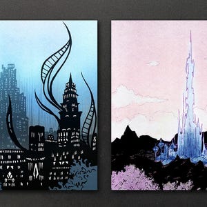 May include: Two contrasting cityscapes, one with a dark, gothic aesthetic featuring tall buildings and a swirling, dark blue sky, the other with a light, ethereal aesthetic featuring a tall, icy tower and a pink sky.