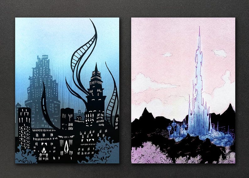 May include: Two contrasting cityscapes, one with a dark, gothic aesthetic featuring tall buildings and a swirling, dark blue sky, the other with a light, ethereal aesthetic featuring a tall, icy tower and a pink sky.