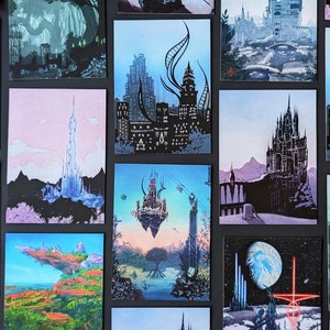 May include: A collage of 12 digital art prints showcasing different fantasy cityscapes. The prints are in a range of colours, including blue, green, purple, and pink. Each print depicts a unique and imaginative city, with towering buildings, floating islands, and intricate details.