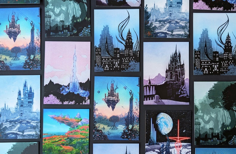 May include: A collage of 12 digital art prints showcasing different fantasy cityscapes. The prints are in a range of colours, including blue, green, purple, and pink. Each print depicts a unique and imaginative city, with towering buildings, floating islands, and intricate details.