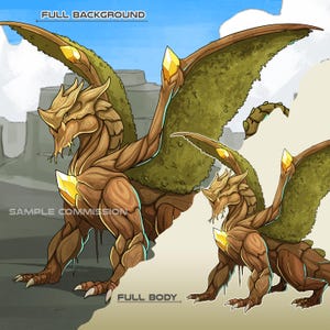 Peut inclure: Un dragon en bois avec des ailes recouvertes de mousse et des accents dorés. Le dragon se tient sur une surface rocheuse avec un ciel bleu en arrière-plan. L'image est intitulée "Fond complet" et "Corps entier".