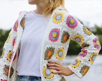 Hooded cardigan-cardigan-woman coat-granny square-instant download