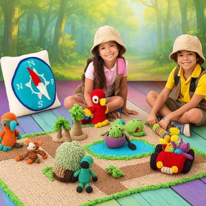 May include: A colorful crochet playset featuring a compass pillow, a red car, and various animal figures. The set includes a parrot, a frog, and a blue lake. The scene is set on a brown and green mat, with two children wearing hats.