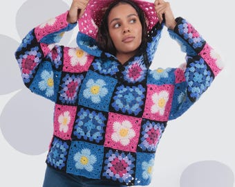 Flower Power Granny Square crochet hoodie.