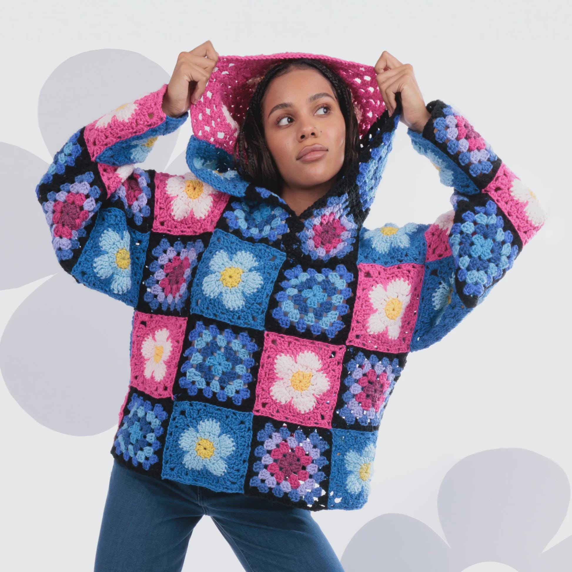 36 Hippie Crochet Patterns for Boho Outfits, Bags, Home Décor, and Gifts 34 Flower Power Granny Square crochet hoodie.