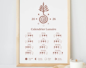 Calendrier Lunaire 2026 | Calendrier Lunaire Imprimable 2026 | Téléchargement numérique | Calendrier Phases de la Lune | Affiche Phases Lune