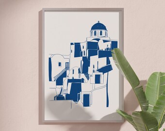 Santorini Greece Architecture Print, Blue Line Art (Digital Download)