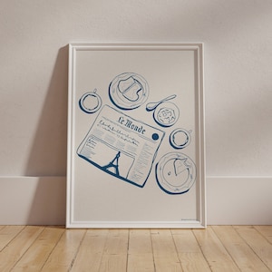 French Style Breakfast Illustration, Eiffel Tower Paris Print, Coffee and Newspaper Minimal Aesthetic Printable
