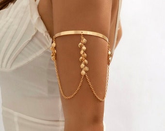 Golden upper arm bracelet | Dangling cuff | Adjustable Body Jewelry | Boho Chic Style | Gift for Her