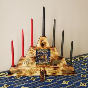 Kwanzaa Kinara with Metallic Gold Cowry Shells Kinte Cloth and Gold Sparkle Decoration