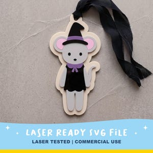 May include: A light gray mouse ornament wearing a black witch hat with a purple band and a black dress with a purple collar. The mouse has pink inner ears and a long tail. A black fabric ribbon is attached to the top for hanging purposes.