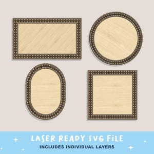 Può includere: Quattro cornici in legno di forma rettangolare, circolare, ovale e quadrata, ciascuna con un bordo di perline marrone scuro e un centro in legno chiaro. Il testo in basso recita: LASER READY SVG FILE INCLUDES INDIVIDUAL LAYERS.