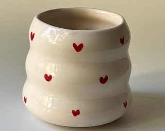 Red Hearts Ceramic Coffee Mug – Handmade Pottery Mug, Vintage Romantic Gift