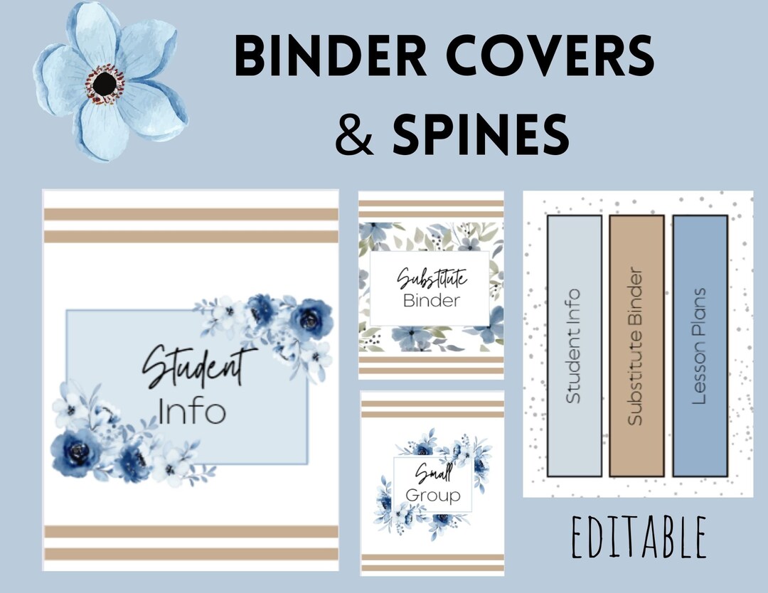 EDITABLE Blue Floral Binder Covers & Spines Printable Binder Covers
