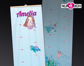 Bâton de mesure pour enfants personnalisable | Motif SIRÈNE | montage facile | impression de bannières en papier respectueuses de l'environnement | idéal pour le baptême | 65-150cm