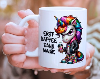 Mug »First coffee then magic« | in 24 languages | Ceramic mug for a birthday, Christmas or just because | funny + evil unicorn