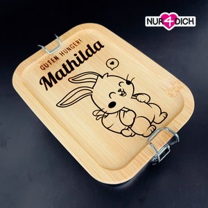 Brotdose personalisiert | Lunchbox mit Namen | Edelstahl und Bambus | für Kinder und Erwachsene | 850 ml | Motiv Kanninchen