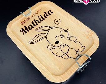 Lunch box personalized | Lunch box with name | Stainless steel and bamboo | for children and adults | 850ml | Rabbit motif