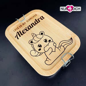 Brotdose personalisiert | Lunchbox mit Namen | Edelstahl und Bambus | für Kinder und Erwachsene | 850 ml | Motiv Einhorn