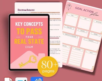 May include: A pink digital study guide titled "Key Concepts to Passing Your Real Estate Exam." The guide includes a goal action plan and a section on encroachment. The guide has over 80 pages and includes PDF and editing icons.