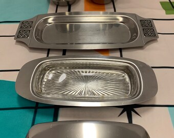 Mid Century Stainless Steel Creamer, Sugar, and Butter