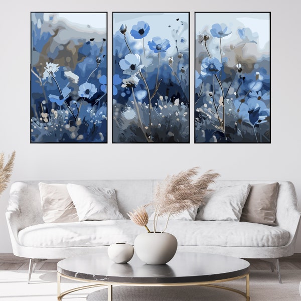 Set Of 3 Vintage Botanical Wildflower Field Of Flowers Wall Art Boho Minimalist Large Wall Decor Prints Design Templates