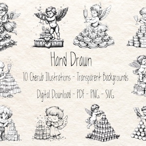 Cherub Illustration Png Bundle - Hand Drawn Cupid Icon For Valentine and Wedding Invitation Clip Art, Drawing God of Love Outline