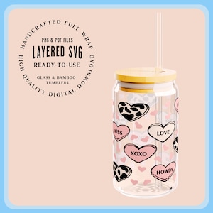 Candy hearts svg valentine day libbey glass wrap template, cowgirl valentine day hearts svg glass can template for cups