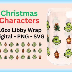 Personaggio natalizio 16oz Libbey Glass Can Full Wrap Svg, Lattina di vetro natalizia, Tumbler di vetro Libbey da 16 once di Natale